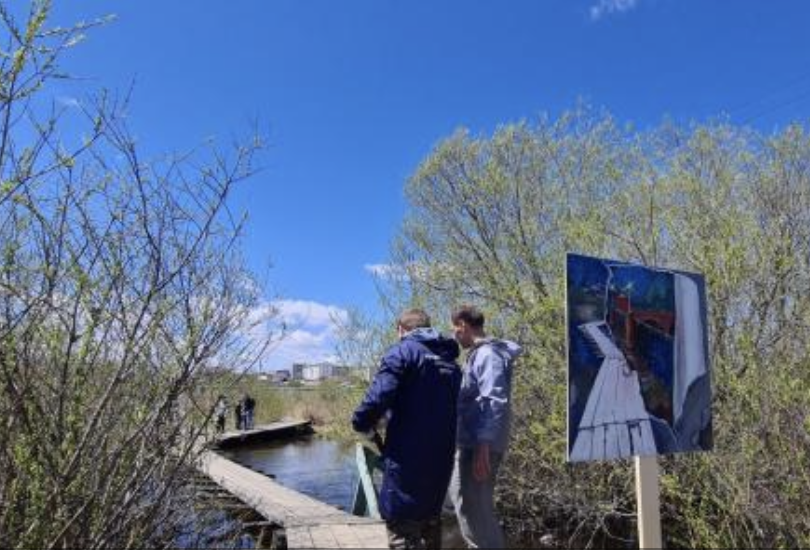 Не дождавшись чиновников, дети в Марково сами нарисовали мост через болото, по которому ходят в школу