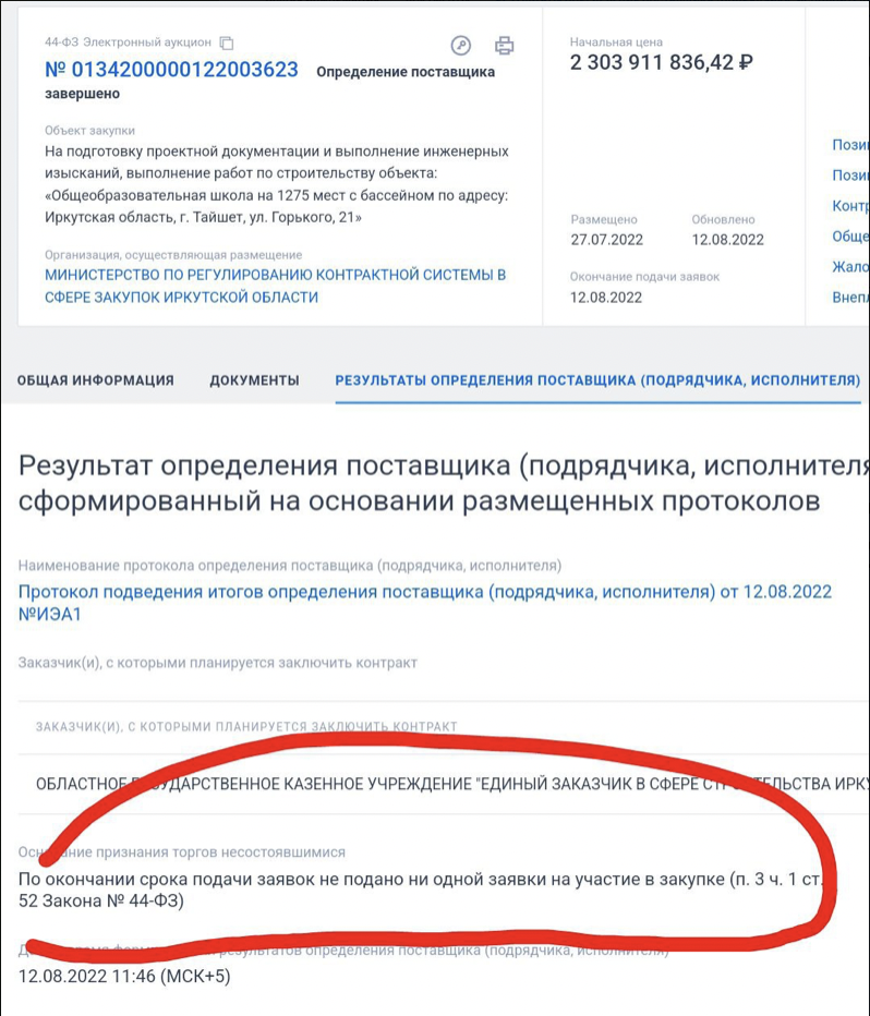 «На объявленный тендер стоимостью 2,3 млрд рублей никто не вышел»