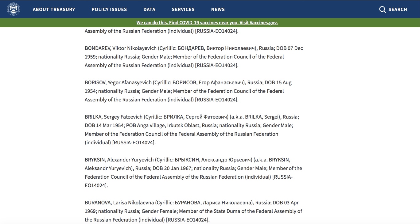 Политики Иркутской области попали в новый санкционный список США